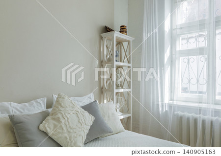 Bright Bedroom Interior with Double Bed and Large Window Bright Bedroom Interior with Double Bed and Large Window 140905163