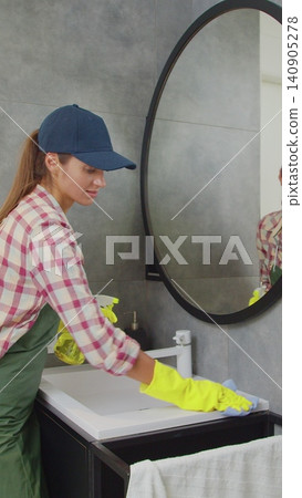 Vertical Video Professional cleaner in uniform tidying bathroom. Cleaning service concept. Vertical Video Professional cleaner in uniform tidying bathroom. Cleaning service concept. 140905278