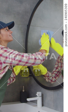 Vertical Video Professional cleaner in uniform tidying bathroom. Cleaning service concept. Vertical Video Professional cleaner in uniform tidying bathroom. Cleaning service concept. 140905309