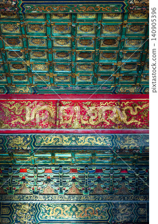 Interior ceiling decoration of Hall of Supreme Harmony (Taihe Dian), Forbidden City Beijing, China Interior ceiling decoration of Hall of Supreme Harmony (Taihe Dian), Forbidden City Beijing, China 140905396
