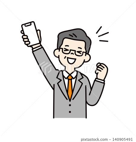 Vector illustration of the upper body of a CEO, executive, or boss, holding up a smartphone and making a triumphant gesture. Vector illustration of the upper body of a CEO, executive, or boss, holding up a smartphone and making a triumphant gesture. 140905491