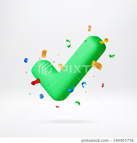 Green 3D check mark with falling colorful confetti Green 3D check mark with falling colorful confetti 140905756