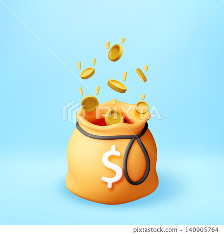 3D Falling golden coins into money bag 3D Falling golden coins into money bag 140905764