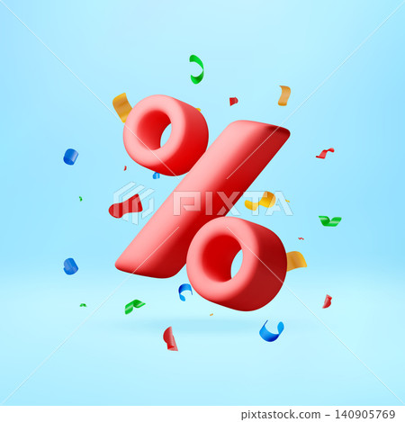 3D Red percentage sign, colorful flying confetti 3D Red percentage sign, colorful flying confetti 140905769