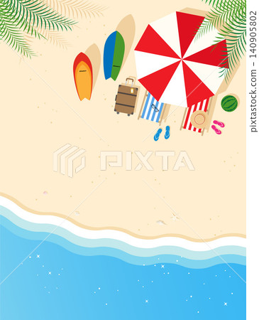 夏季海灘背景插圖，配有遮陽傘，向量圖，海洋，旅行，衝浪板。 140905802