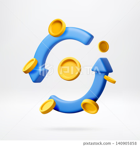 3D refresh arrows with spinning gold coins. 140905858