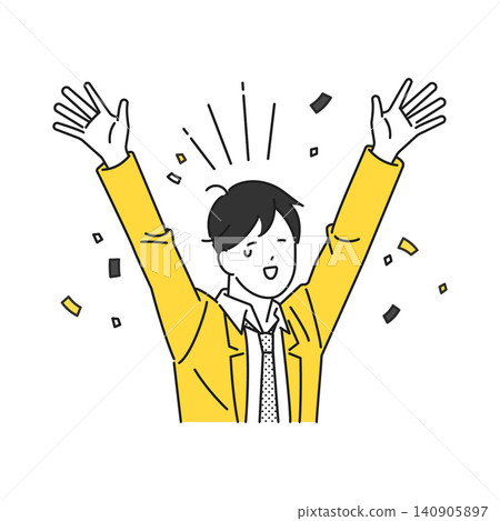 Illustration: A young business person raising both hands in joy. Illustration: A young business person raising both hands in joy. 140905897