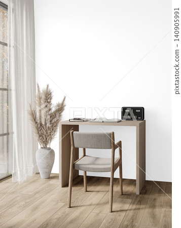 Japandi Home Office Interior PNG with Wooden Desk and Chair, Transparent Background, Soft Shadows Japandi Home Office Interior PNG with Wooden Desk and Chair, Transparent Background, Soft Shadows 140905991