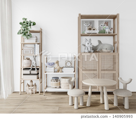Kids Scandinavian Playroom Interior PNG with Wooden Shelves and Toys, Transparent Background, Soft Shadows Kids Scandinavian Playroom Interior PNG with Wooden Shelves and Toys, Transparent Background, Soft Shadows 140905993