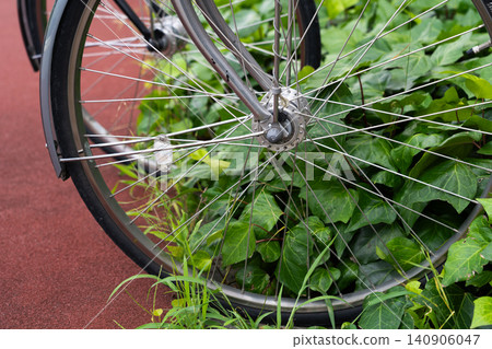 Bicycle wheels nestled amongst the greenery on the street corner Bicycle wheels nestled amongst the greenery on the street corner 140906047