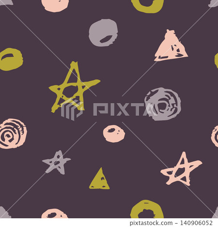 Simple abstract vector seamless pattern. Pink, lilac stars, circles, triangles, spirals on a dark purple background. For prints of fabric, wrapping paper, textile products, clothing. 140906052