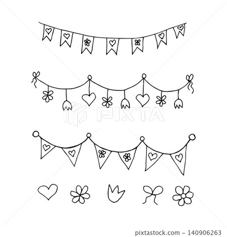 Hand-drawn black outline on a white background. Simple vector set of holiday garlands with flowers, hearts, flags for the design of cards, banners, decor elements. Hand-drawn black outline on a white background. Simple vector set of holiday garlands with flowers, hearts, flags for the design of cards, banners, decor elements. 140906263