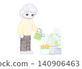 A senior woman waters potted plants with a watering can. 140906463