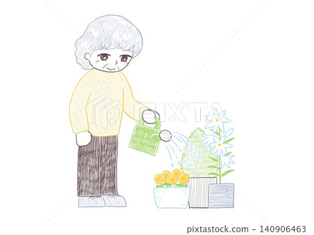 A senior woman waters potted plants with a watering can. A senior woman waters potted plants with a watering can. 140906463