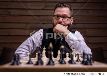 Thoughtful man with glasses resting his chin on his fist before a chessboard Thoughtful man with glasses resting his chin on his fist before a chessboard 140907031