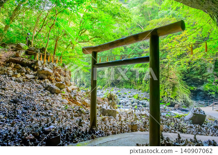 Autumn twilight: A view from inside the Gyōgyōkutsu cave in Amanoyasugawara, showing a torii gate, countless piled stones, and a lush green forest. Autumn twilight: A view from inside the Gyōgyōkutsu cave in Amanoyasugawara, showing a torii gate, countless piled stones, and a lush green forest. 140907062