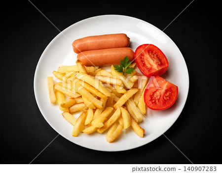 Sausages with French Fries and Fresh Tomato on White Plate, Top View Sausages with French Fries and Fresh Tomato on White Plate, Top View 140907283