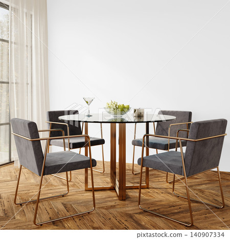 Modern Luxury Dining Room Wall Mockup PNG with Round Table and Gray Gold Frame Chairs, Transparent Background, Soft Shadows 140907334