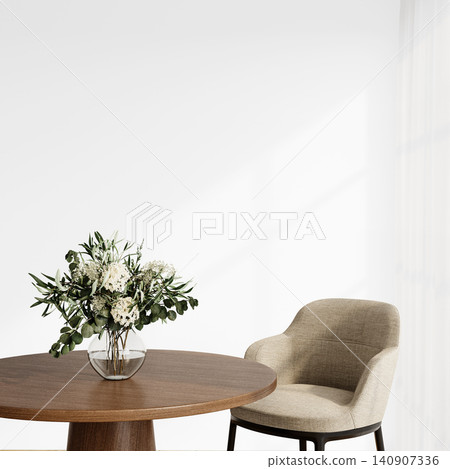 Contemporary Dining Corner Wall Mockup PNG with Round Wooden Table and Beige Upholstered Chair, Transparent Background, Soft Shadows Contemporary Dining Corner Wall Mockup PNG with Round Wooden Table and Beige Upholstered Chair, Transparent Background, Soft Shadows 140907336