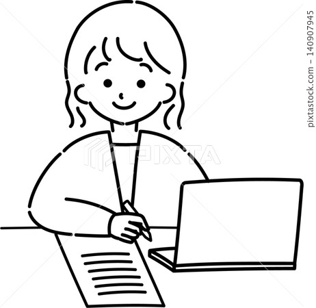 A woman working in front of a PC (line drawing) 140907945