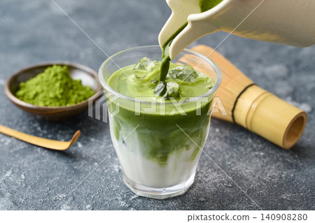 Pour the iced matcha latte into a glass. Pour the iced matcha latte into a glass. 140908280