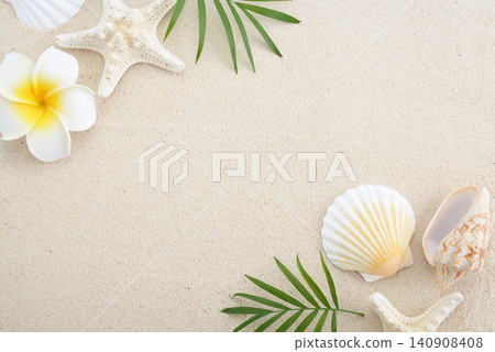 Seashells and flowers placed on the sand Seashells and flowers placed on the sand 140908408