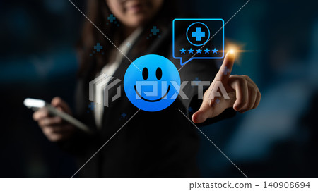 Business Professional Interacting with Smiley Face Icon Representing Customer Satisfaction and Feedback in Modern Office Environment Cyphers. Business Professional Interacting with Smiley Face Icon Representing Customer Satisfaction and Feedback in Modern Office Environment Cyphers. 140908694