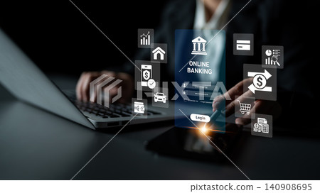 Online Banking Concept with User Interacting with Digital Interface and Touchscreen Display while Using Laptop in Dark Environment. Glyphic Online Banking Concept with User Interacting with Digital Interface and Touchscreen Display while Using Laptop in Dark Environment. Glyphic 140908695