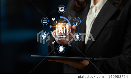 Business Professional Interacting with Artificial Intelligence Technology and Digital Icons in Modern Office Environment Quark Business Professional Interacting with Artificial Intelligence Technology and Digital Icons in Modern Office Environment Quark 140908734