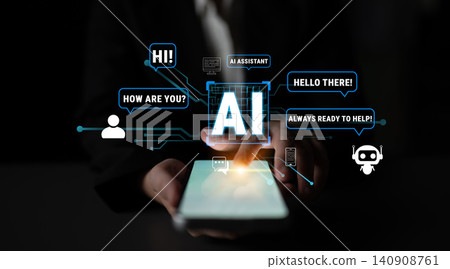 Futuristic Interface Featuring AI Assistant and User Interaction with Smart Device in Dark Environment Quark Futuristic Interface Featuring AI Assistant and User Interaction with Smart Device in Dark Environment Quark 140908761