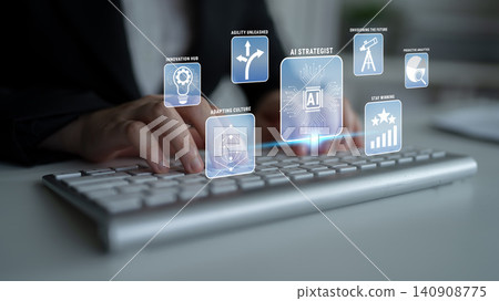 Modern Business Professional Engaging with Digital Technology Icons Related to Artificial Intelligence Strategy and Innovation in a Contemporary Office Setting Quark Modern Business Professional Engaging with Digital Technology Icons Related to Artificial Intelligence Strategy and Innovation in a Contemporary Office Setting Quark 140908775