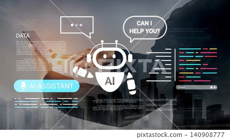 User Interacting with AI Assistant on Mobile Device, Digital Data and Code Interface, Modern Technology Concept in Urban Environment Gluon User Interacting with AI Assistant on Mobile Device, Digital Data and Code Interface, Modern Technology Concept in Urban Environment Gluon 140908777