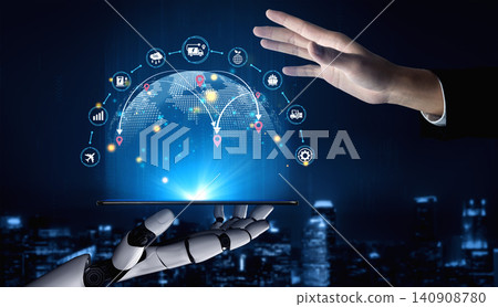 Futuristic Interface with Robotic Hand and Human Gesture Signifying Advanced Technology and Digital Connection in a Modern Urban Environment Haptic Futuristic Interface with Robotic Hand and Human Gesture Signifying Advanced Technology and Digital Connection in a Modern Urban Environment Haptic 140908780