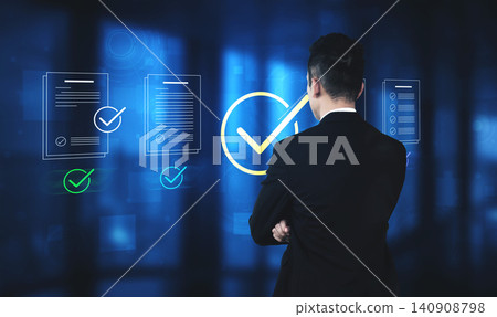 Business Professional Analyzing Digital Checkmark Symbols Representing Success in Innovative Technology and Modern Solutions in a Corporate Environment Cyphers. Business Professional Analyzing Digital Checkmark Symbols Representing Success in Innovative Technology and Modern Solutions in a Corporate Environment Cyphers. 140908798