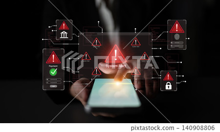 Digital Alert Notification on Mobile Device with Security and Payment Icons Representing Cyber Threats and System Warnings in a Technology-Oriented Environment. Bitwise Digital Alert Notification on Mobile Device with Security and Payment Icons Representing Cyber Threats and System Warnings in a Technology-Oriented Environment. Bitwise 140908806