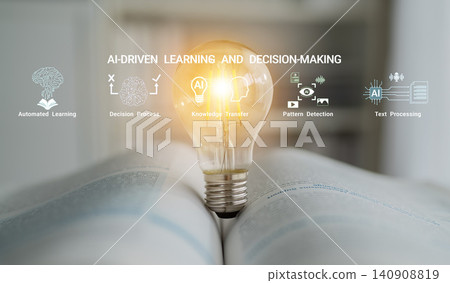 Illuminating AI-Driven Learning and Decision-Making Concepts with Light Bulb on Open Book Representing Knowledge Transfer and Process Detection Haptic Illuminating AI-Driven Learning and Decision-Making Concepts with Light Bulb on Open Book Representing Knowledge Transfer and Process Detection Haptic 140908819