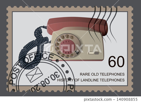 Postage stamp with an old home landline telephone. Vector. 140908855
