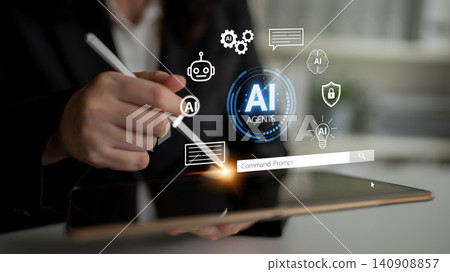 Concept of artificial intelligence agents showcased on digital tablet with futuristic interface elements like chatbots and command prompts in modern workspace. Entropy Concept of artificial intelligence agents showcased on digital tablet with futuristic interface elements like chatbots and command prompts in modern workspace. Entropy 140908857