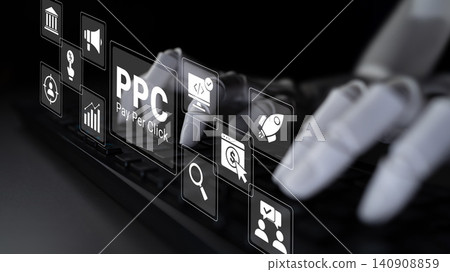 Futuristic Robotic Hand Interacting with Digital PPC Pay Per Click Icons on a Laptop Keyboard in a Dark Environment Ledger 140908859