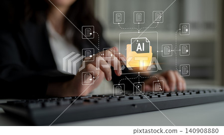 Digital Concept of Artificial Intelligence File Management with Business Professional Operating Computer Keyboard in Modern Office Setting. Glyphic Digital Concept of Artificial Intelligence File Management with Business Professional Operating Computer Keyboard in Modern Office Setting. Glyphic 140908880