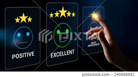 Touching Interactive Rating System with Smiley Faces, Star Ratings and Feedback Options, Depicting Positive, Excellent and Needs Improvement States. Sentient Touching Interactive Rating System with Smiley Faces, Star Ratings and Feedback Options, Depicting Positive, Excellent and Needs Improvement States. Sentient 140908881