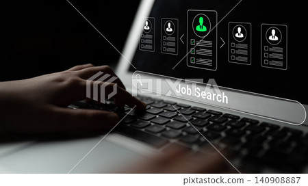 Job Search Concept Illustration with Laptop Keyboard and User Profiles on Screen in a Dark Background. Glyphic 140908887