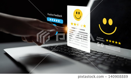 Human Hand Interacting with Digital Feedback Interface on Laptop Screen, Displaying Customer Ratings and Satisfaction Levels, Concept of Online Reviews and Feedback Cyphers. Human Hand Interacting with Digital Feedback Interface on Laptop Screen, Displaying Customer Ratings and Satisfaction Levels, Concept of Online Reviews and Feedback Cyphers. 140908889