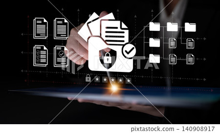 Digital Document Security Concept Featuring Hand Interacting with Files, Lock, and Shield Symbol on a Dark Background for Technology Themes Ledger Digital Document Security Concept Featuring Hand Interacting with Files, Lock, and Shield Symbol on a Dark Background for Technology Themes Ledger 140908917