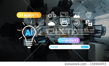Diverse team collaborating on artificial intelligence concepts in a modern workspace with graphics illustrating AI agents and data-driven decision making. Entropy Diverse team collaborating on artificial intelligence concepts in a modern workspace with graphics illustrating AI agents and data-driven decision making. Entropy 140908955