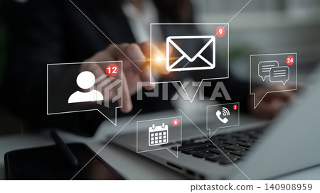Modern Business Communication and Digital Interaction Concepts with Laptop and Notifications for Emails, Messages, and Appointments. Sentient Modern Business Communication and Digital Interaction Concepts with Laptop and Notifications for Emails, Messages, and Appointments. Sentient 140908959