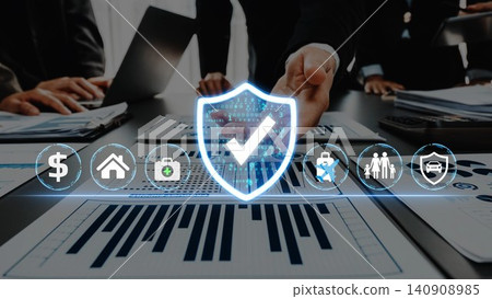 Business Professionals Collaborating on Financial Reports with Digital Security Icons Representing Trust and Protection in Data Management and Transactions. Entropy Business Professionals Collaborating on Financial Reports with Digital Security Icons Representing Trust and Protection in Data Management and Transactions. Entropy 140908985