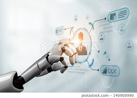Futuristic Robotic Hand Interacting with Digital Interface Displaying Business Profile and Data Analytics in Modern Technology Environment. Sentient Futuristic Robotic Hand Interacting with Digital Interface Displaying Business Profile and Data Analytics in Modern Technology Environment. Sentient 140908990