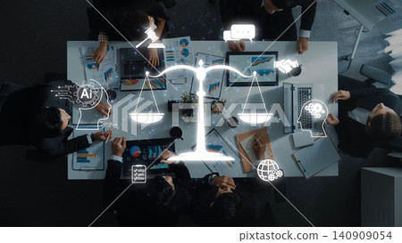 Modern Business Meeting with Digital Scale of Justice and Smart Technology Concept Representing Fairness in Decision Making Process. Raster Modern Business Meeting with Digital Scale of Justice and Smart Technology Concept Representing Fairness in Decision Making Process. Raster 140909054