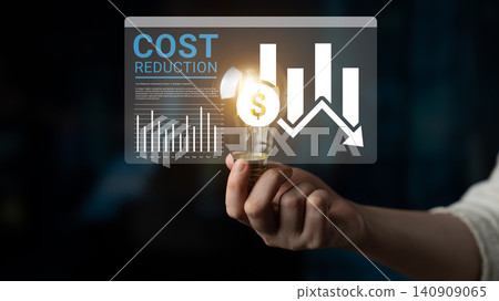 Concept of Cost Reduction with Graphs and Light Bulb Symbolizing Savings, Business Growth Strategy, and Financial Planning Ledger Concept of Cost Reduction with Graphs and Light Bulb Symbolizing Savings, Business Growth Strategy, and Financial Planning Ledger 140909065